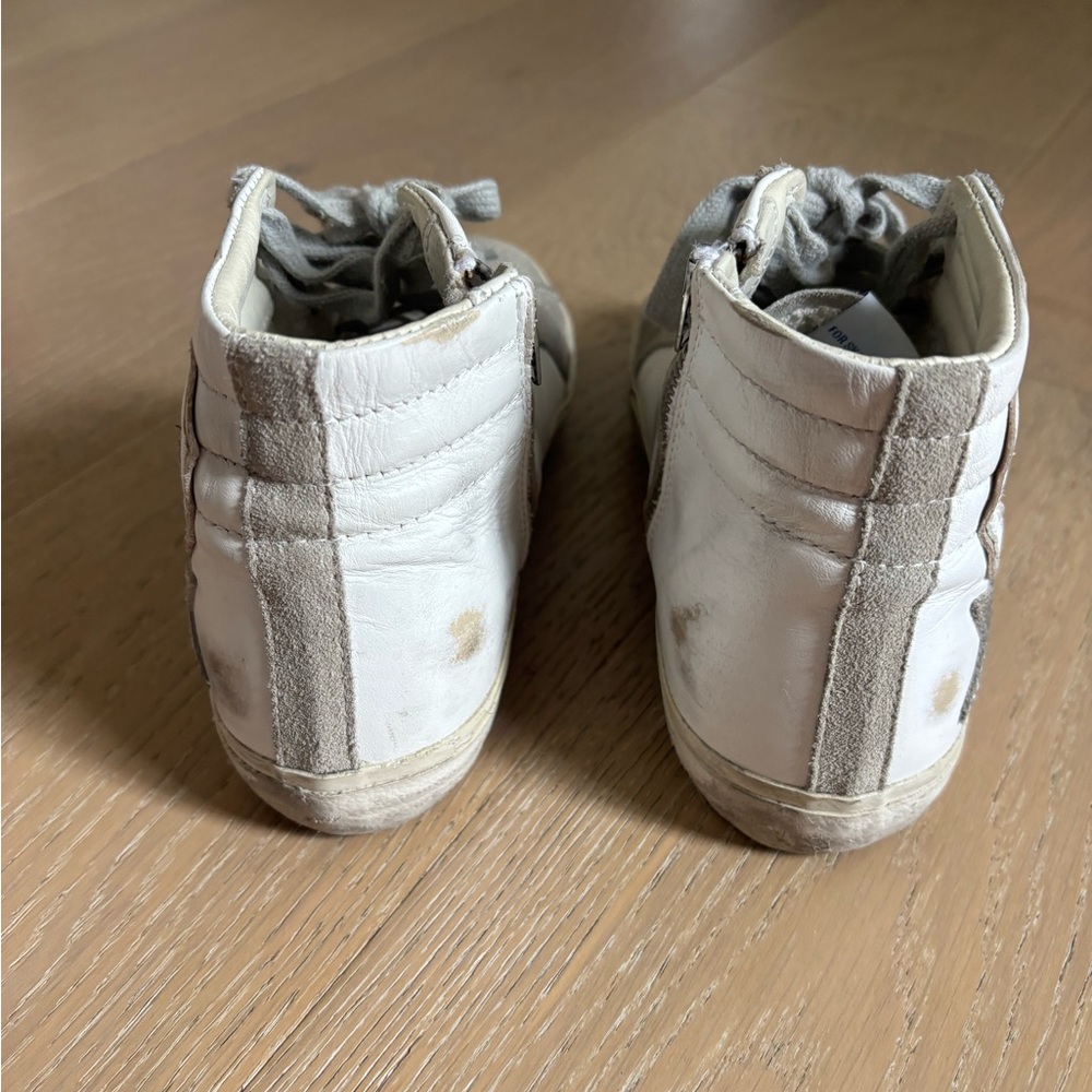 Golden Goose Slide High-Top Sneakers in White and Gray with Gold Logo - Picture 7 of 12